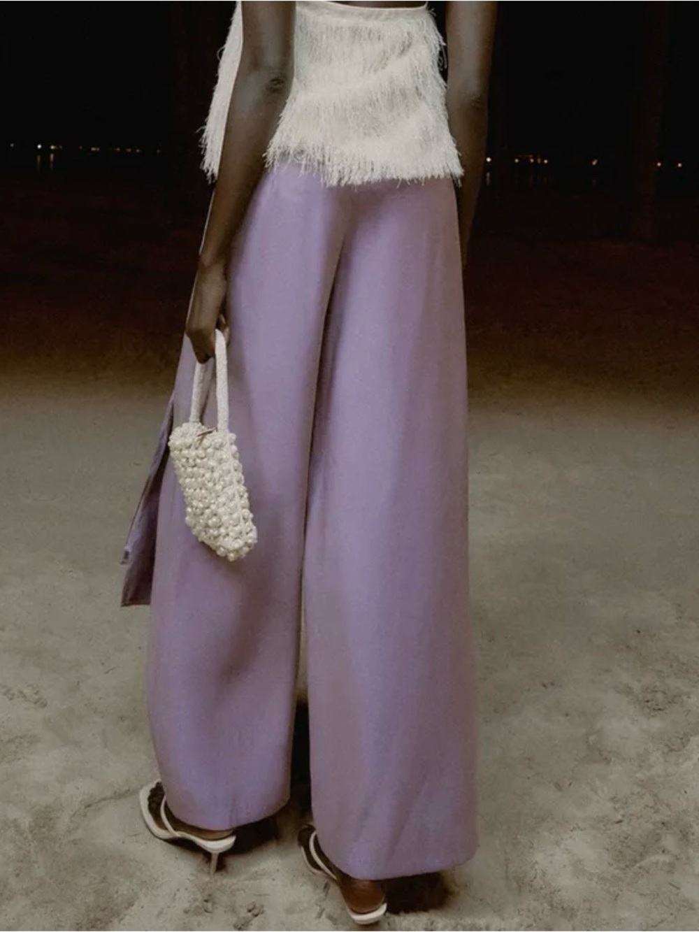 Lavender Satin Wide-Leg Pants with Tie Waist - Picture 4 of 5